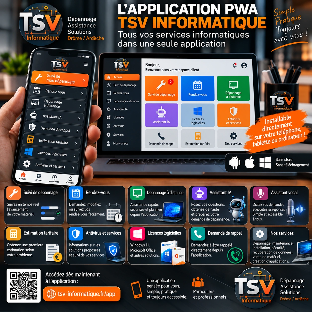 Présentation de l'application TSV Informatique : suivi de dépannage, rendez-vous, dépannage à distance, assistant IA et autres services sur téléphone et ordinateur